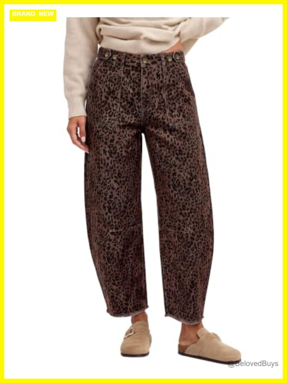 High Rise Barrel Jeans Frayed Hem Cheetah Print Relaxed Fit Ankle Denim